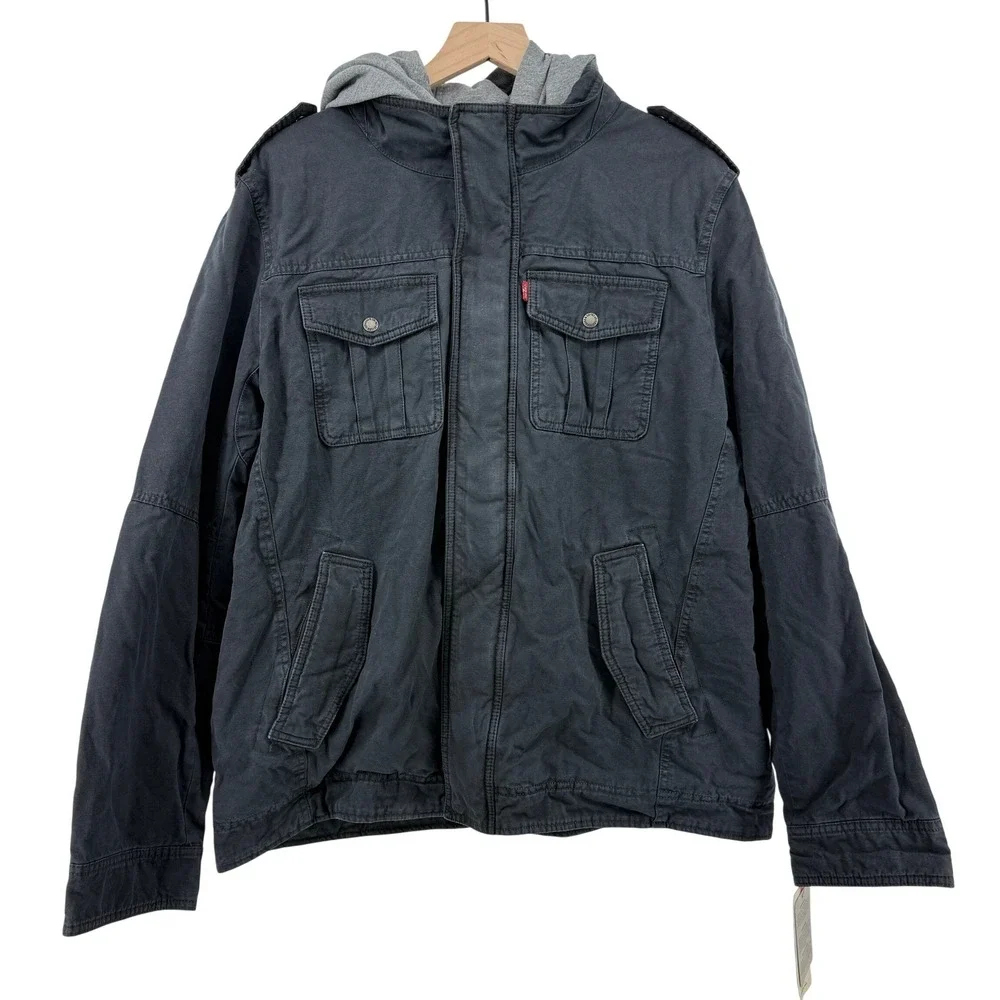 Levi's Sherpa‎ Lined Two Pocket Hooded Trucker Jacket Navy Blue Men XL LM8RC364